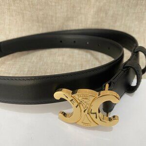 Celine Classic Black Leather Belt With Iconic Gold Arc De Triomphe Buckle